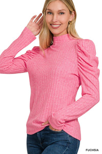 RIBBED PUFF LONG SLEEVE MOCK NECK TOP