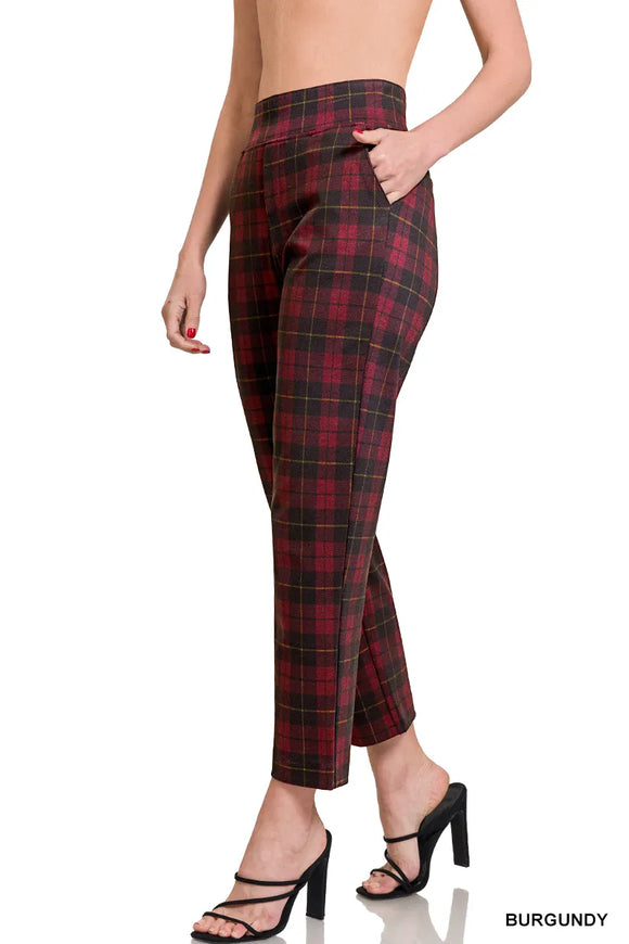 PLAID PULL-ON STRETCH DRESS PANTS